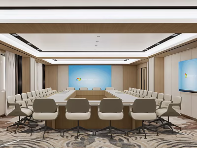 Modern Conference Room Interior With Long Meeting Table Multiple Chairs And Large Screens 3d model