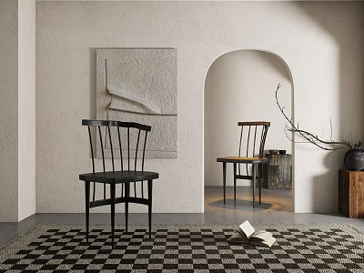 Black Leisure Chairs In Beige Wall Interior With Archway Checkered Carpet And Abstract Painting 3d model