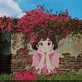 Cartoon Girl With Hands Under Chin By Red Brick Wall With Bougainvillea And Green Grass