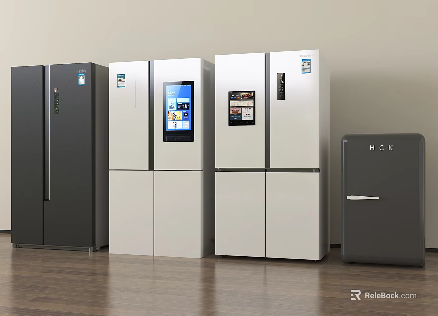 Modern Refrigerators and Freezers in Black White with Smart Screens and HCK Freezer 3d model 