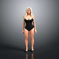 Blonde Woman in Black Bodysuit Standing Against Gray Background with Black High Heels
