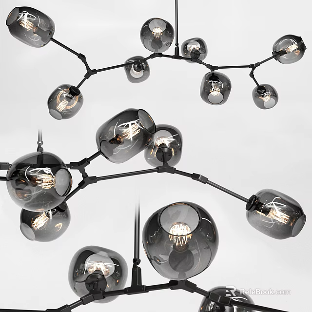 Modern Branch Chandelier with Black Frame Glass Globes and Illuminated Bulbs for Contemporary Decor 3d model 