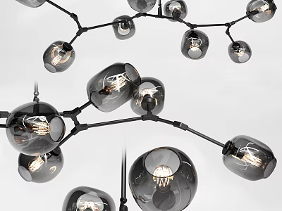 Modern Branch Chandelier with Black Frame Glass Globes and Illuminated Bulbs for Contemporary Decor 3d model
