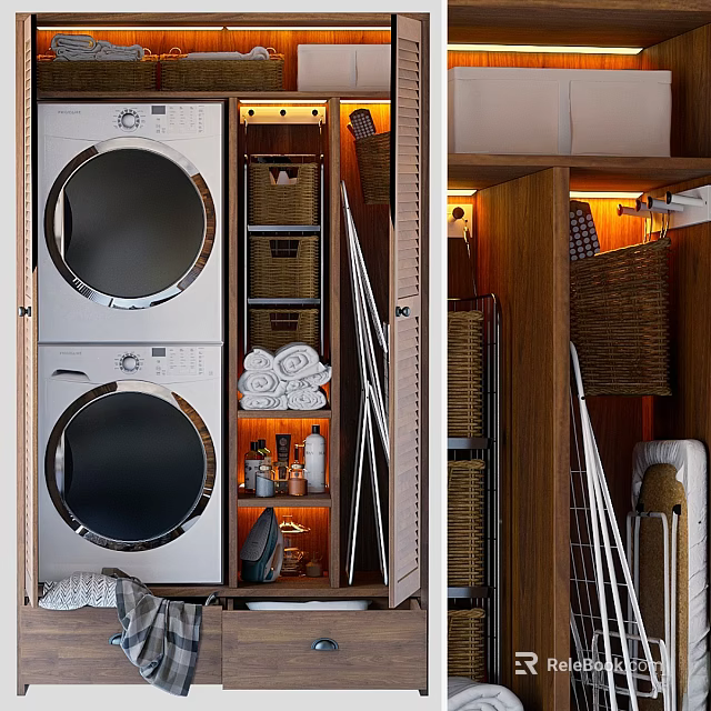 Modern Laundry Room Setup With Washer Dryer Wicker Baskets Shelves And Towels 3d model 