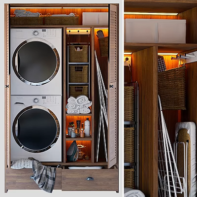 Modern Laundry Room Setup With Washer Dryer Wicker Baskets Shelves And Towels 3d model