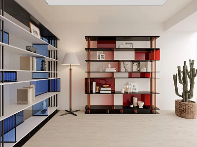 Modern Bookcase Interior Design With Colorful Shelves Decor Items And Floor Lamp 3d model