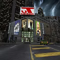 Night Urban Cityscape With Tall Buildings Billboards And Street Traffic