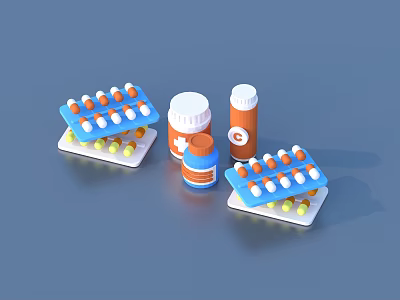 Various Colored Medication Pill Bottles And Blister Packs With Tablets 3d model