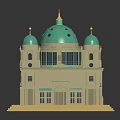 Classical Building Design Featuring Turquoise Main Dome and Twin Smaller Domes With Ornate Facade