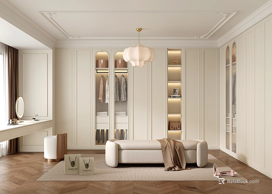 Elegant Modern Walk in Closet Interior Design With Bench Chandelier And Lit Shelves 3d model 