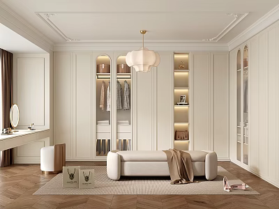 Elegant Modern Walk in Closet Interior Design With Bench Chandelier And Lit Shelves 3d model