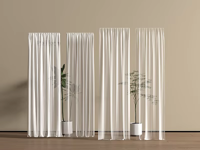 White Curtains With Beige Wall Wooden Floor And Green Plants In White Pots 3d model