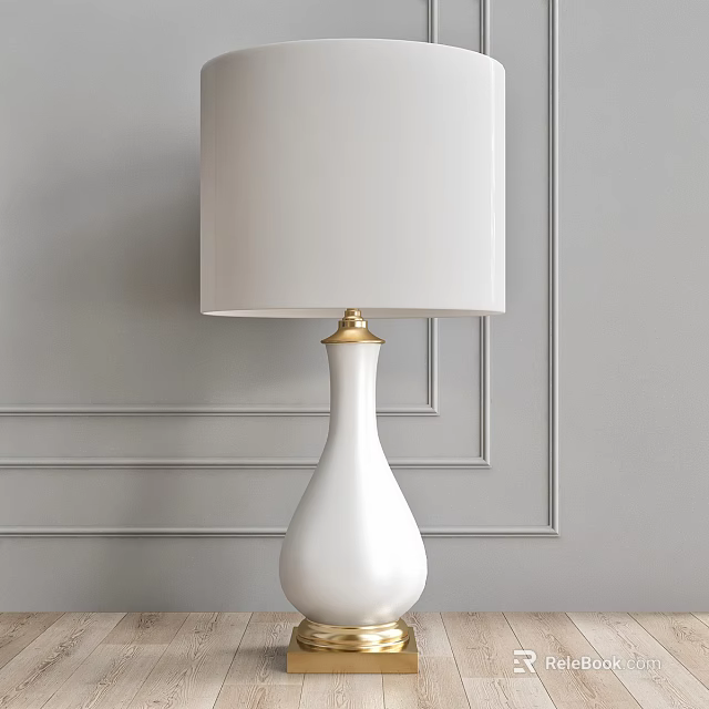 White Table Lamp with Vase Shaped Base Golden Accent on Gray Wall Wooden Floor 3d model 