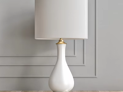 White Table Lamp with Vase Shaped Base Golden Accent on Gray Wall Wooden Floor 3d model
