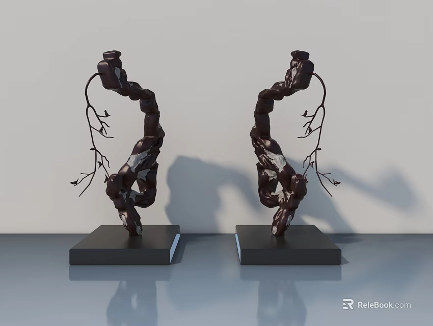 Dark Twisted Sculptures With Thin Branches On Black Bases Against White Wall 3d model 