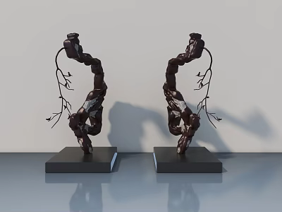 Dark Twisted Sculptures With Thin Branches On Black Bases Against White Wall 3d model
