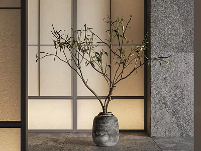Bonsai Potted Plant With Slender Branches Green Leaves In Gray Ceramic Pot On Stone Tabletop 3d model