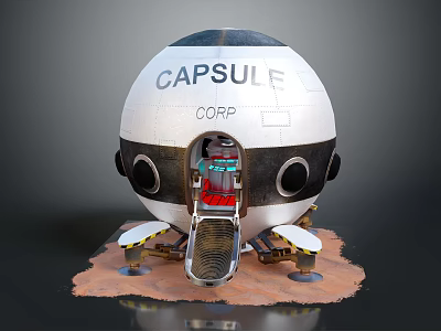 Industrial Equipment Spherical Capsule Design CAPSULE CORP Branding Open Hatch Interior Structure on Base Supports 3d model