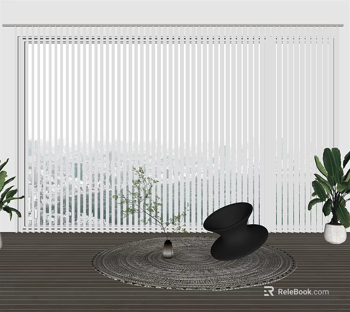 Modern Window Blinds Interior With City View Plants And Black Furniture Decor 3d model 