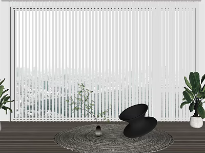 Modern Window Blinds Interior With City View Plants And Black Furniture Decor 3d model