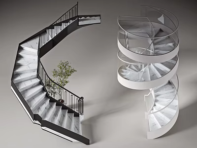 Modern Spiral Staircases With White Marble Steps And Glass Railings 3d model