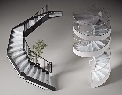Modern Spiral Staircases With White Marble Steps And Glass Railings 3d model