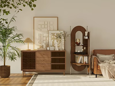 Entryway Cabinet And Side Cabinet In Modern Natural Interior With Wooden Rattan Details And Plants 3d model