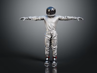 Man in Silver Spacesuit with Black Helmet Standing Arms Outstretched on Plain Background 3d model