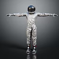 Man in Silver Spacesuit with Black Helmet Standing Arms Outstretched on Plain Background