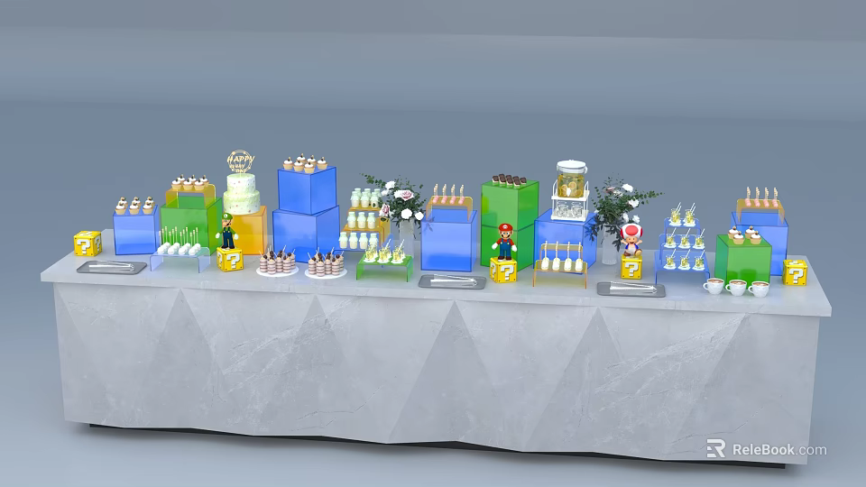 Colorful Coffee Break Area With Tiered Cakes Drinks And Flower Decorations 3d model 