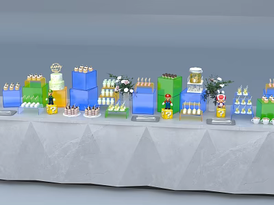 Colorful Coffee Break Area With Tiered Cakes Drinks And Flower Decorations 3d model