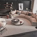 Modern Curved Beige Sofa and Coffee Table Set with Multiple Cushions Round Table and Rug 3d model