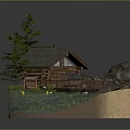 Scenic Log Cabin Model With Wooden Deck Pine Trees And Boat On Water