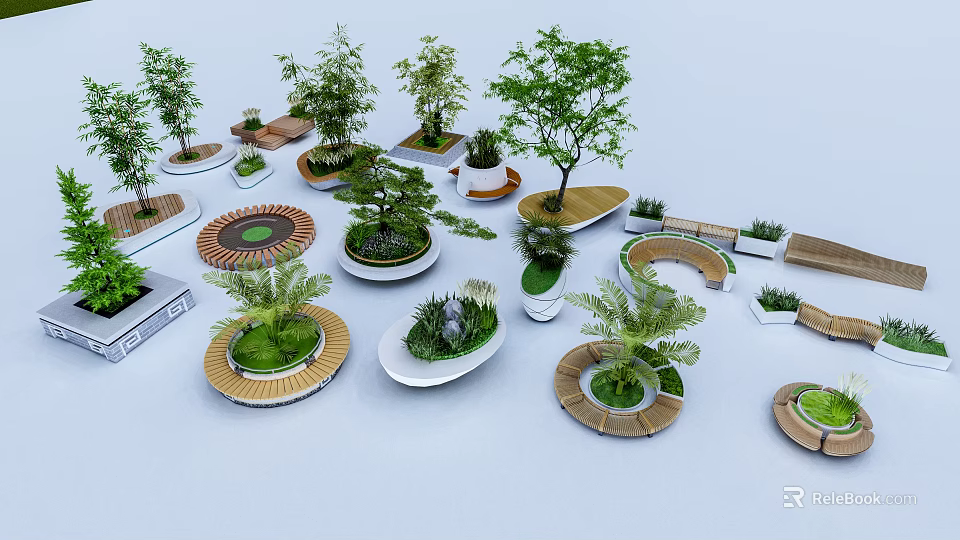 Creative Designed Tree Planters With Circular Oval Wooden Borders And Green Plants 3d model 