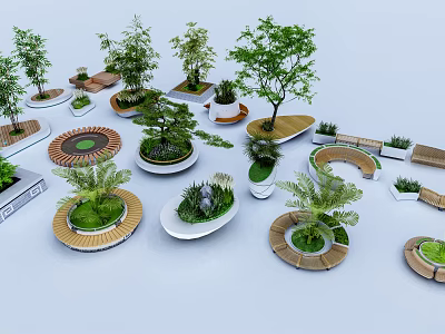 Creative Designed Tree Planters With Circular Oval Wooden Borders And Green Plants 3d model