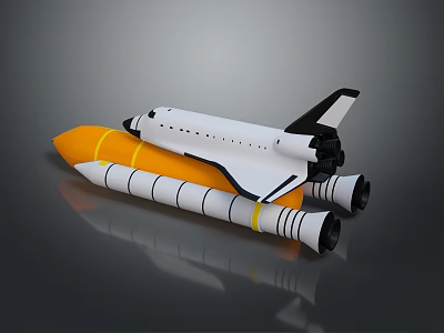Realistic Space Shuttle with Rocket Booster Orange White Yellow Stripe 3D Rendering on Gray Background 3d model