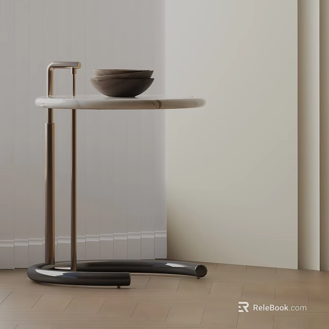 Modern Round Side Table With Marble Top And Metal Stand Featuring Wooden Bowls On Top 3d model 