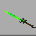 Fantasy Glowing Sword With Green Blade Black Ornate Hilt And Brown Leather Handle