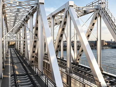 Industrial Bridge Equipment With Steel Beams Railway Tracks And River Urban View 3d model