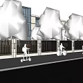 Modern School Building Exterior With Green Trees Fence And People Riding Scooter Bicycle Walking