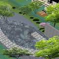 Illuminated Courtyard Garden Design With Circular Pond Stone Path And Lush Greenery