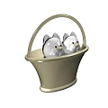 Decorative Ornament Set With Beige Basket And Two Small Animal Figurines For Home Decor