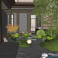 Japanese Style Courtyard Garden With Stone Path Green Plants And Wooden Lanterns