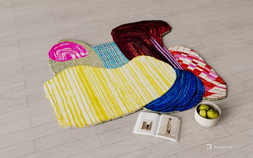 Multicolored Stylish Shaped Rug With Unique Design On Wooden Floor Home Decor 3d model 