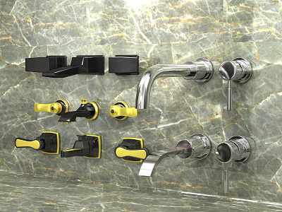 Wall Mounted Faucets With Various Designs And Yellow Black Handles On Marble Wall 3d model
