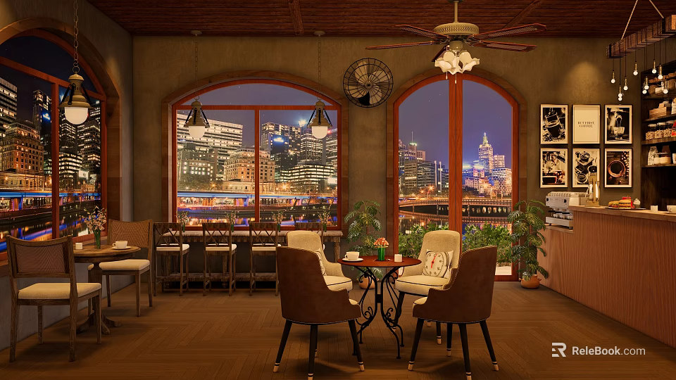 Cozy Café Interior With Large Windows Overlooking City Night View Ceiling Fan And Wooden Tables 3d model 