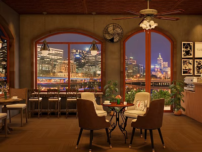 Cozy Café Interior With Large Windows Overlooking City Night View Ceiling Fan And Wooden Tables 3d model