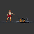Red Haired Female Character In Red Skirt With Orange Creature On Broken Gray Tile Ground