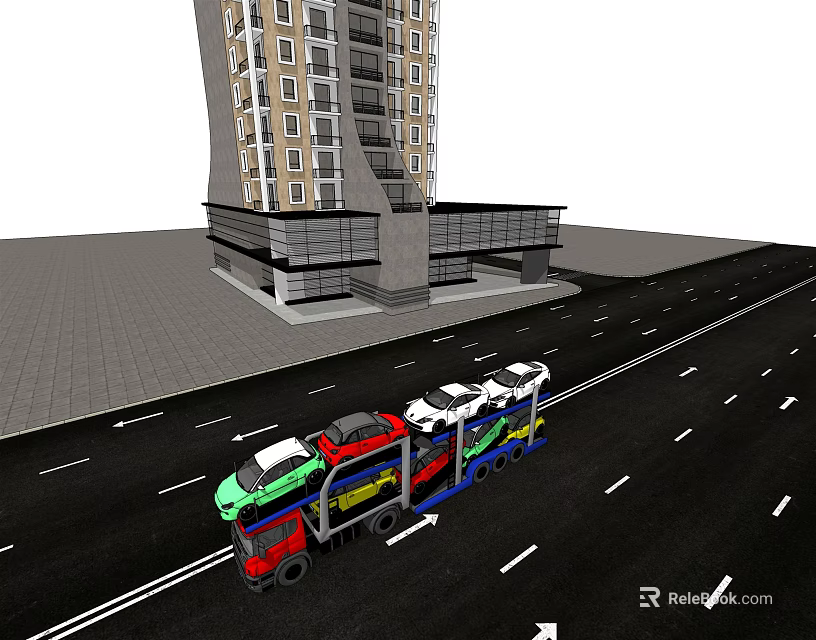 Car Carrier Transporting Multiple Cars On Urban Road With High Rise Building 3d model 