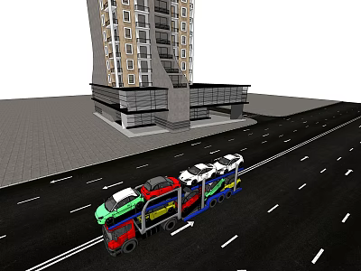 Car Carrier Transporting Multiple Cars On Urban Road With High Rise Building 3d model